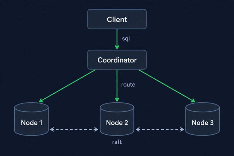 Схема распределённой SQL-базы: диапазоны строк, реплики и консенсус Raft между узлами