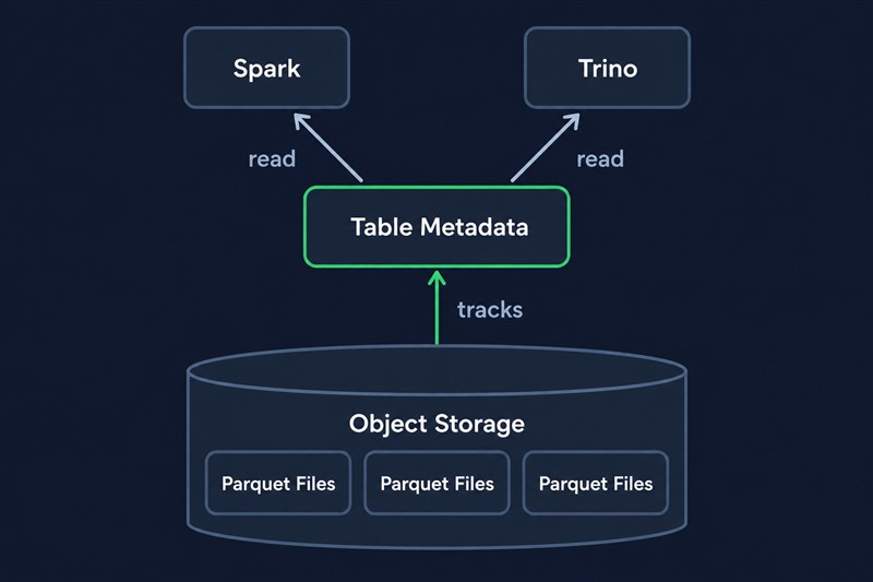 Схема data lakehouse: файлы Parquet в объектном хранилище, слой метаданных Iceberg и несколько движков запросов