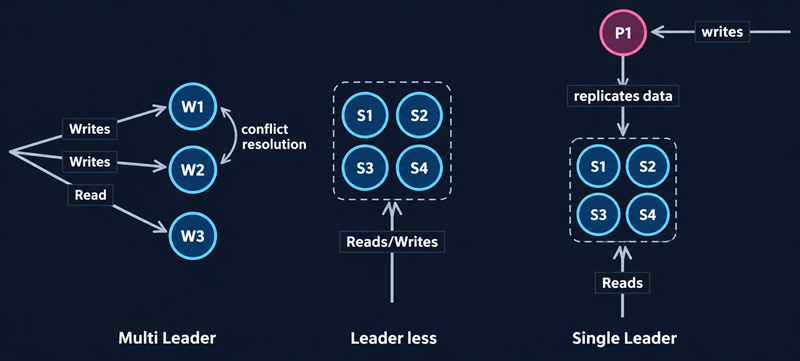 Три схемы репликации: multi-leader — записи идут на W1 и W2 с разрешением конфликтов; leaderless — чтение и запись на любой из узлов S1–S4; single-leader — записи идут на P1, который реплицирует данные на S1–S4 для чтения
