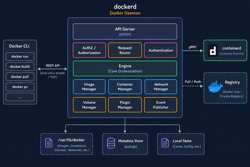 Устройство демона dockerd: API-сервер, аутентификация и авторизация, движок оркестрации, менеджеры образов, контейнеров, сетей, volumes и плагинов; связи с containerd по gRPC и с реестром образов