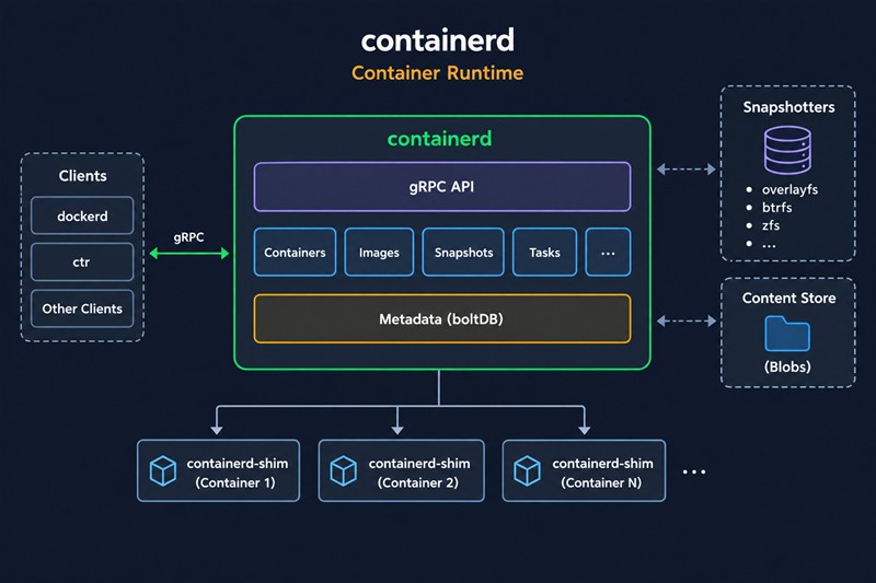 Устройство containerd: клиенты dockerd и ctr обращаются по gRPC API; внутри сервисы контейнеров, образов, снапшотов и задач, снапшоттеры overlayfs, btrfs, zfs и хранилище контента; на каждый контейнер свой containerd-shim