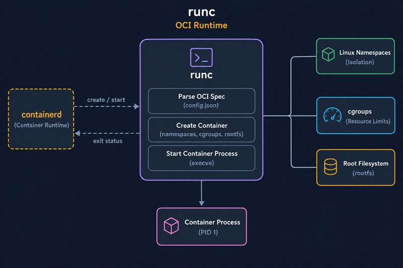 Устройство runc: получает от containerd команды create и start, разбирает OCI-спецификацию config.json, создаёт namespaces, cgroups и корневую файловую систему и запускает процесс контейнера с PID 1