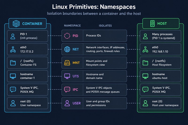 Шесть namespaces Linux между контейнером и хостом: PID изолирует идентификаторы процессов, NET — сетевые интерфейсы и порты, MNT — точки монтирования, UTS — имя хоста, IPC — System V IPC и очереди сообщений POSIX, USER — идентификаторы пользователей и групп