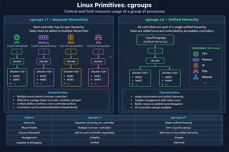 Сравнение cgroups v1 и v2: в v1 у контроллеров CPU, памяти, blkio и pids отдельные иерархии и точки монтирования, в v2 — единая иерархия /sys/fs/cgroup, где процесс добавляется один раз