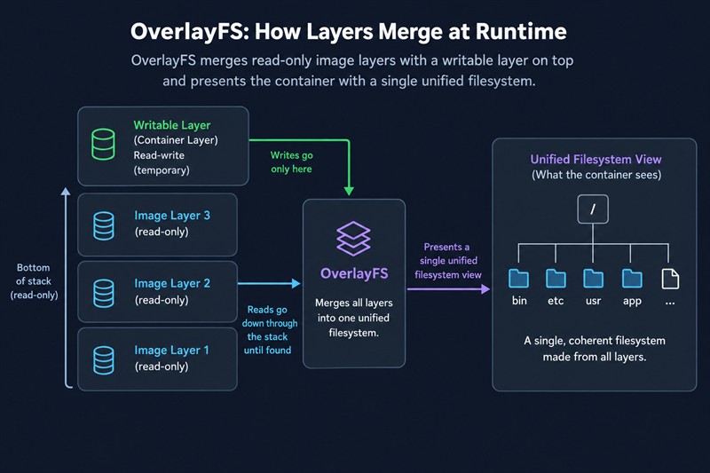 Как OverlayFS объединяет слои во время работы: записи попадают только в верхний записываемый слой, чтения идут вниз по слоям образа до первого найденного файла, контейнер видит единую файловую систему