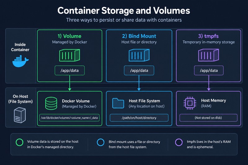 Три способа хранения данных контейнера: volume, которым управляет Docker, в /var/lib/docker/volumes, bind mount с любым каталогом хоста и tmpfs в оперативной памяти хоста без записи на диск