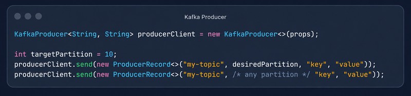 Код продюсера Kafka на Java: отправка ProducerRecord в топик my-topic с явно указанной партицией и без неё