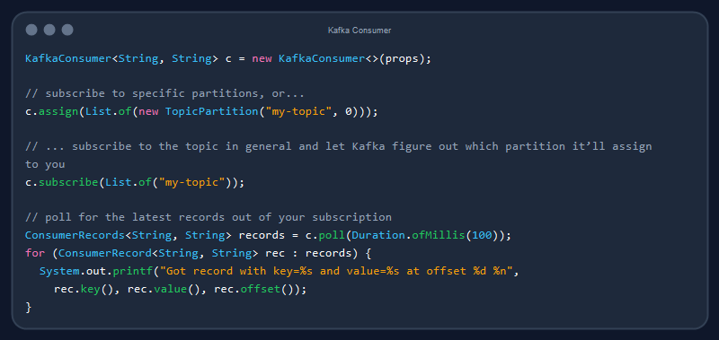 Код консьюмера Kafka на Java: assign на конкретную партицию или subscribe на весь топик, затем poll и вывод ключа, значения и offset каждой записи