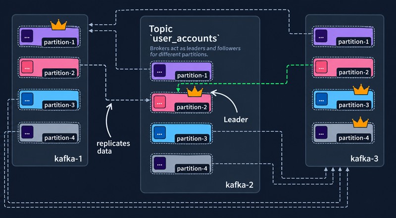 Топик user_accounts из четырёх партиций с replication factor 3 на брокерах kafka-1, kafka-2 и kafka-3: у каждой партиции свой лидер, а фолловеры реплицируют данные с него