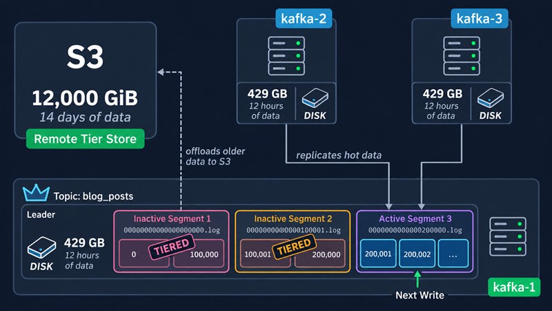 Tiered storage: лидер партиции на kafka-1 хранит на диске 429 ГБ данных за 12 часов, реплицирует горячие данные на kafka-2 и kafka-3, а неактивные сегменты выгружает в S3, где лежит 12 000 ГиБ данных за 14 дней