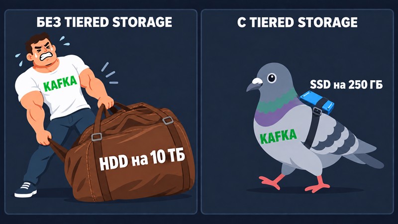 Мем: без tiered storage Kafka тащит огромную сумку с диском на 10 ТБ, с tiered storage Kafka — голубь с SSD-картой на 250 ГБ
