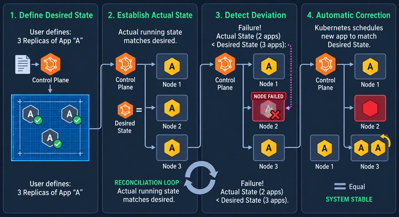 Схема reconciliation loop в Kubernetes: пользователь задаёт три реплики приложения, узел 2 отказывает, фактических реплик становится две, и control plane запускает новую реплику на узле 3