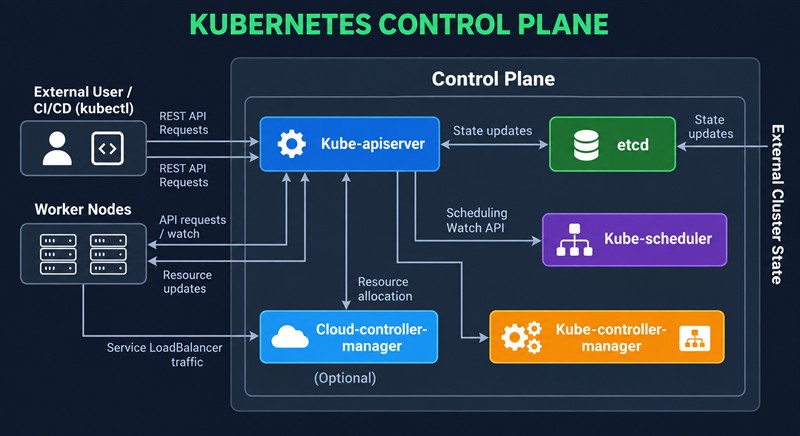 Схема control plane Kubernetes: пользователь и CI/CD через kubectl и worker nodes обращаются к kube-apiserver, который связан с etcd, kube-scheduler, kube-controller-manager и необязательным cloud-controller-manager