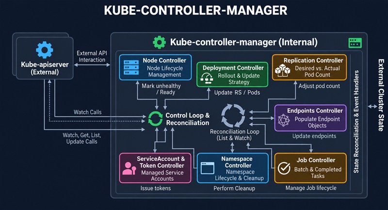 Схема kube-controller-manager: встроенные контроллеры Node, Deployment, Replication, Endpoints, ServiceAccount, Namespace и Job работают в общем цикле согласования и общаются с kube-apiserver через watch, get, list и update
