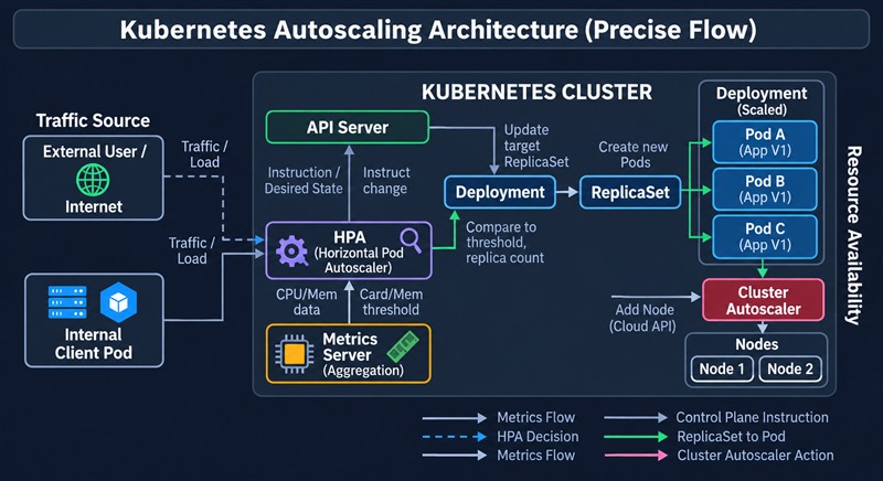 Схема автомасштабирования в Kubernetes: Horizontal Pod Autoscaler получает метрики CPU и памяти от Metrics Server, меняет число реплик в Deployment, ReplicaSet создаёт новые поды, а Cluster Autoscaler добавляет узлы через облачный API